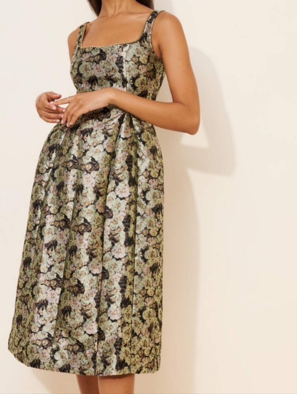 Maeve Green Floral Jacquard Square-Neck Midi Dress
